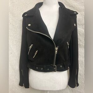 Black Suede Moto Jacket Size Large Signature 8 Bomber Grunge 90s Coat Belted